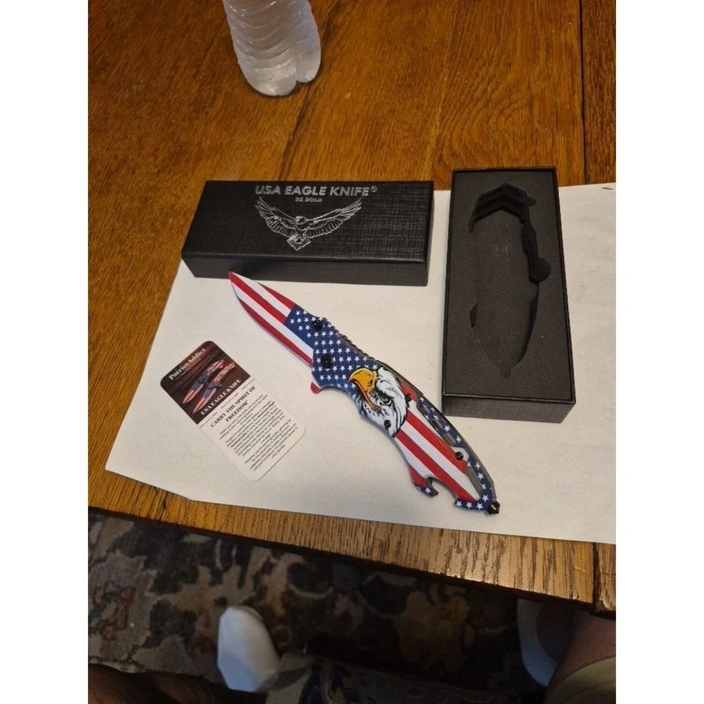 PatriotAddict USA Eagle Knife Tactical Folding Drop Point Red White Blue